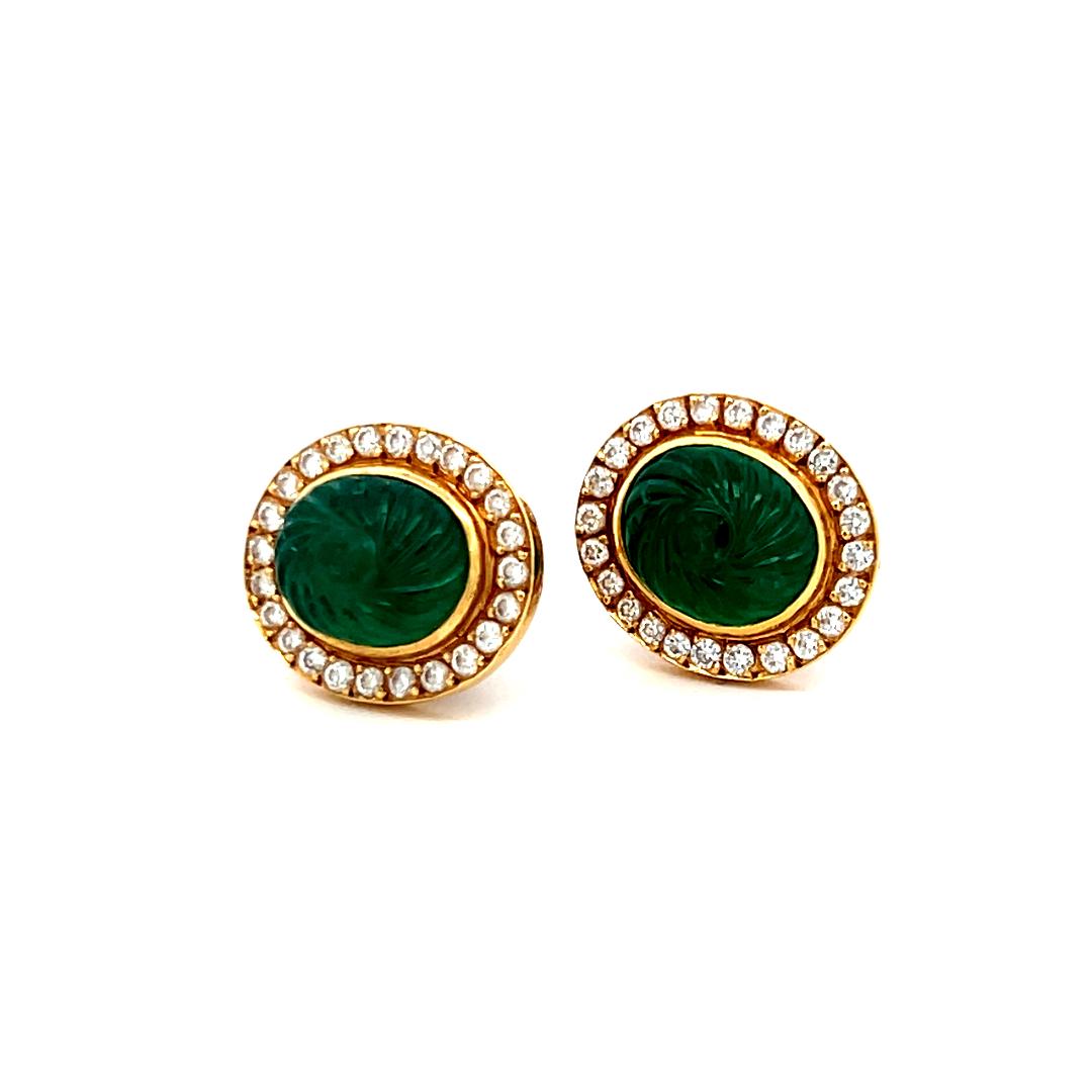 9.5-8.5MM Emerald 0.78 Carat Round Diamond 18 Karat Yellow Gold Stud Earrings