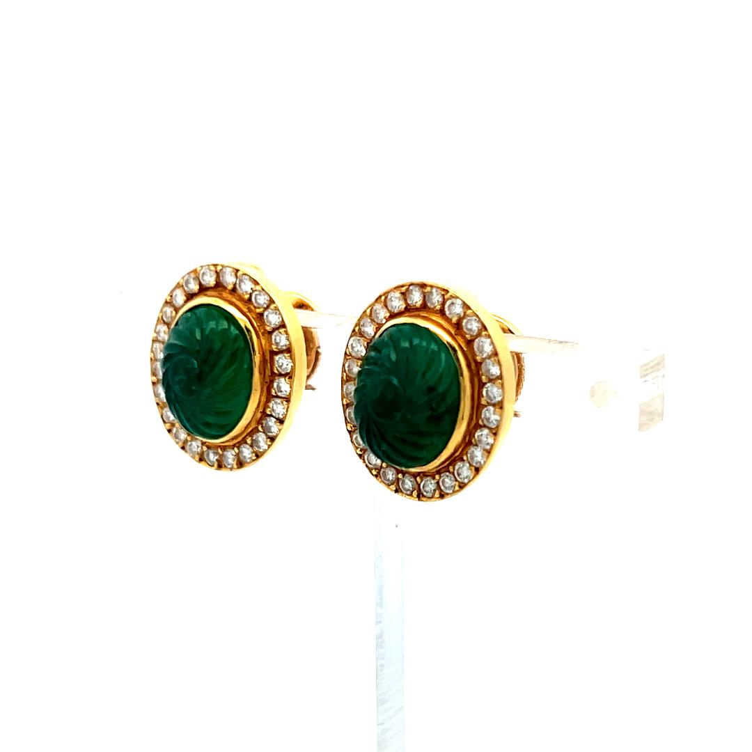 9.5-8.5MM Emerald 0.78 Carat Round Diamond 18 Karat Yellow Gold Stud Earrings