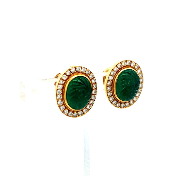 9.5-8.5MM Emerald 0.78 Carat Round Diamond 18 Karat Yellow Gold Stud Earrings