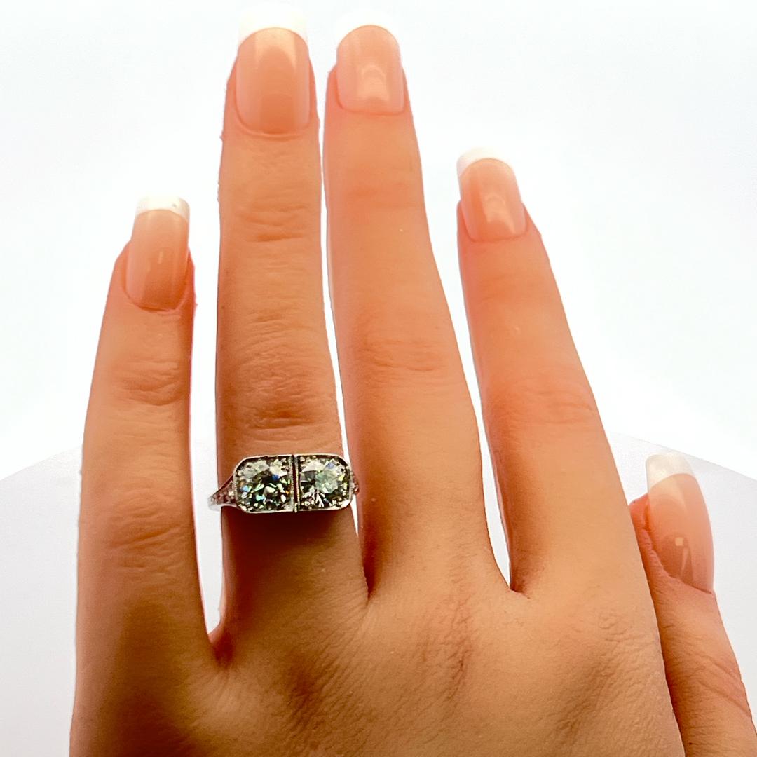 2.02 Carat Old European Cut H-J SI2-I1 Diamond Platinum Two-Stone Ring