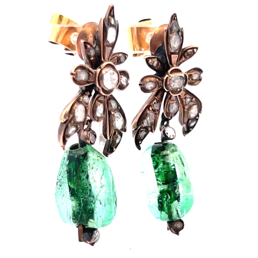0.80 Carat Rose Cut J SI Diamond 18 Karat Yellow Gold Drop Earrings