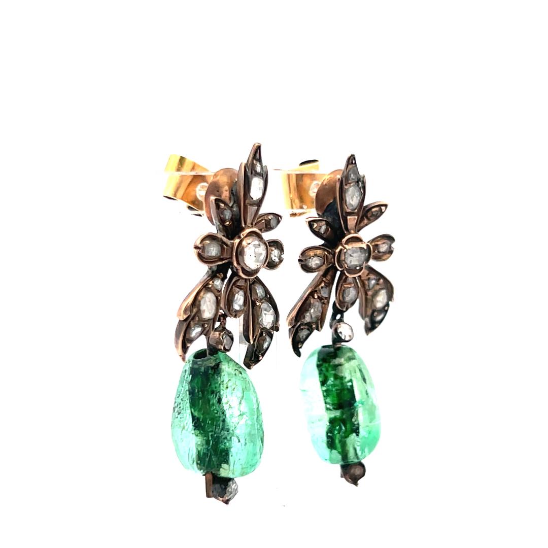 0.80 Carat Rose Cut J SI Diamond 18 Karat Yellow Gold Drop Earrings