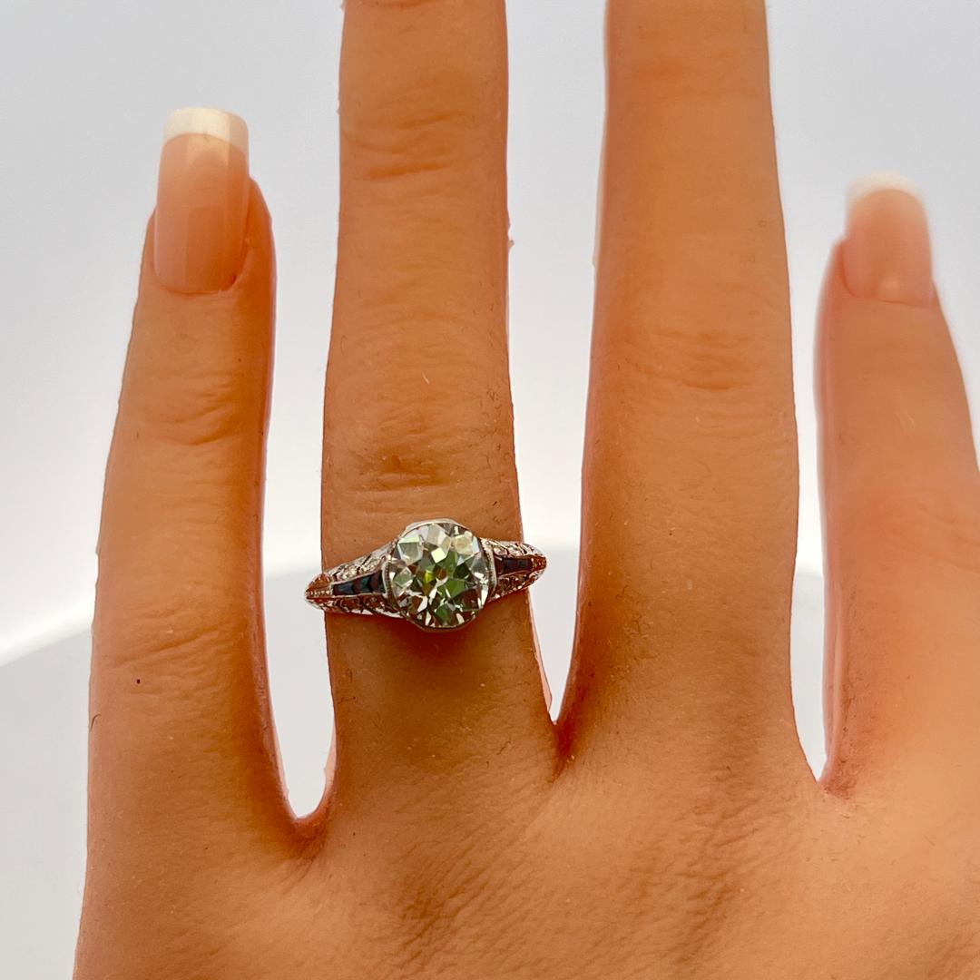 Vintage Platinum Engagement Ring 2.1ct Old European Diamonds and Sapphire GIA