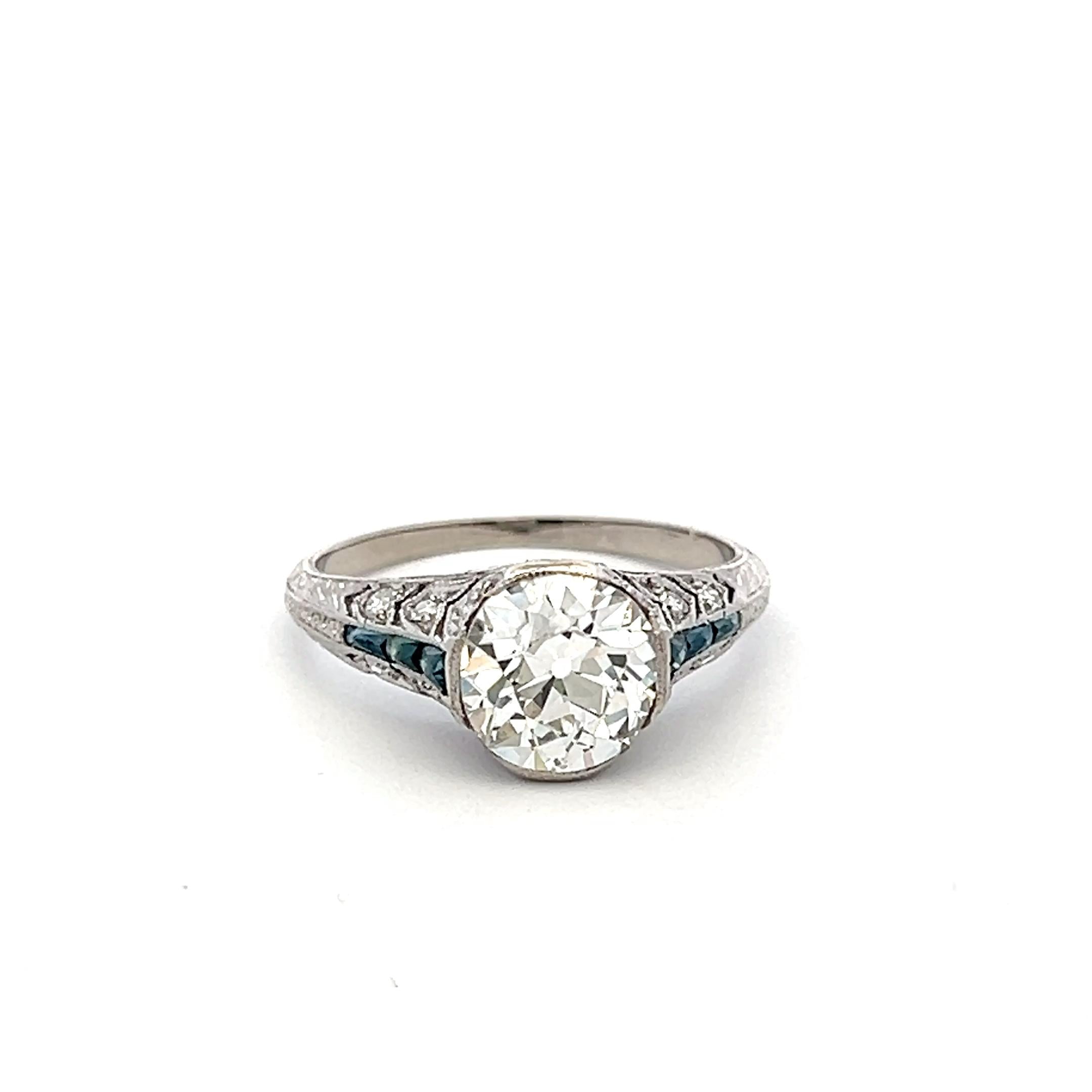 Vintage Platinum Engagement Ring 2.1ct Old European Diamonds and Sapphire GIA