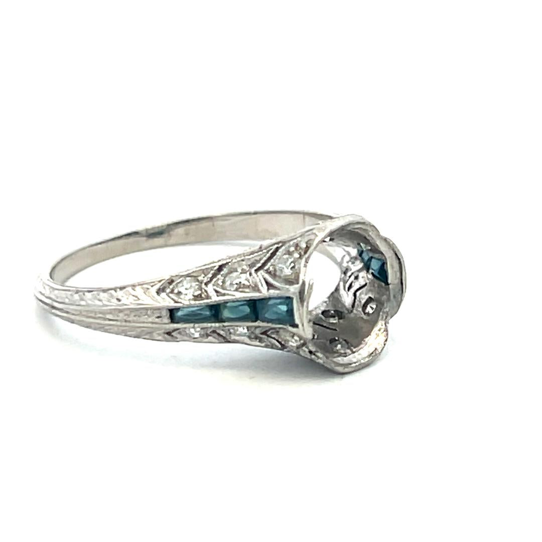 Vintage Platinum Sapphire & Old European Cut Diamond Semi Mount Ring