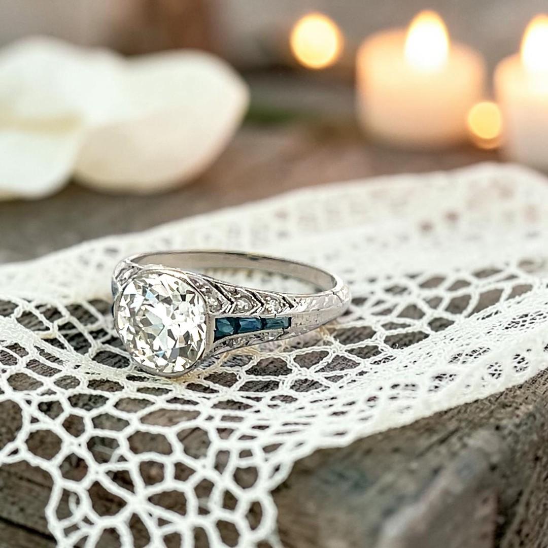Vintage Platinum Engagement Ring 2.1ct Old European Diamonds and Sapphire GIA