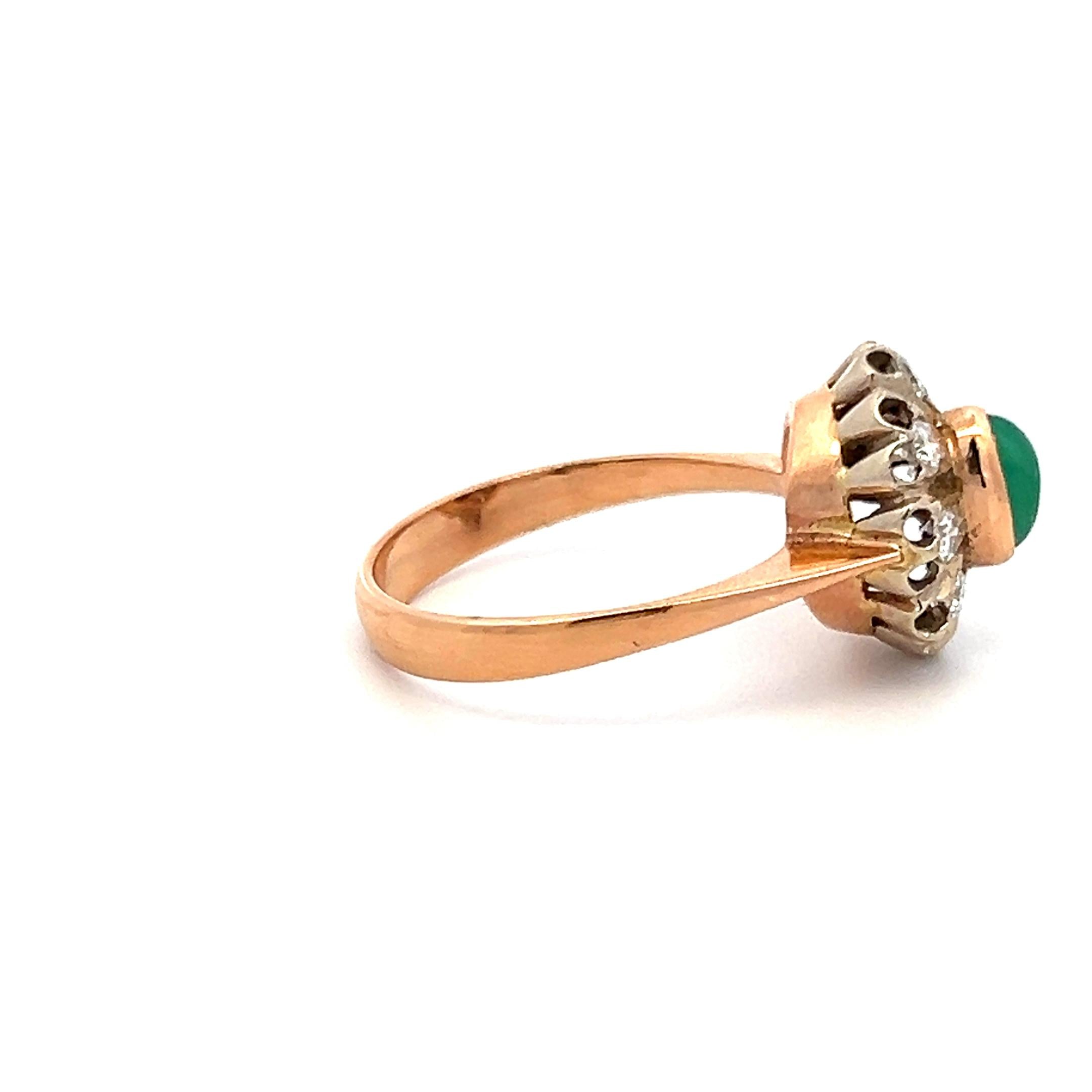 0.40 Carat Old European Diamond 0.35 Carat Emerald 14K Rose Gold Edwardian Ring
