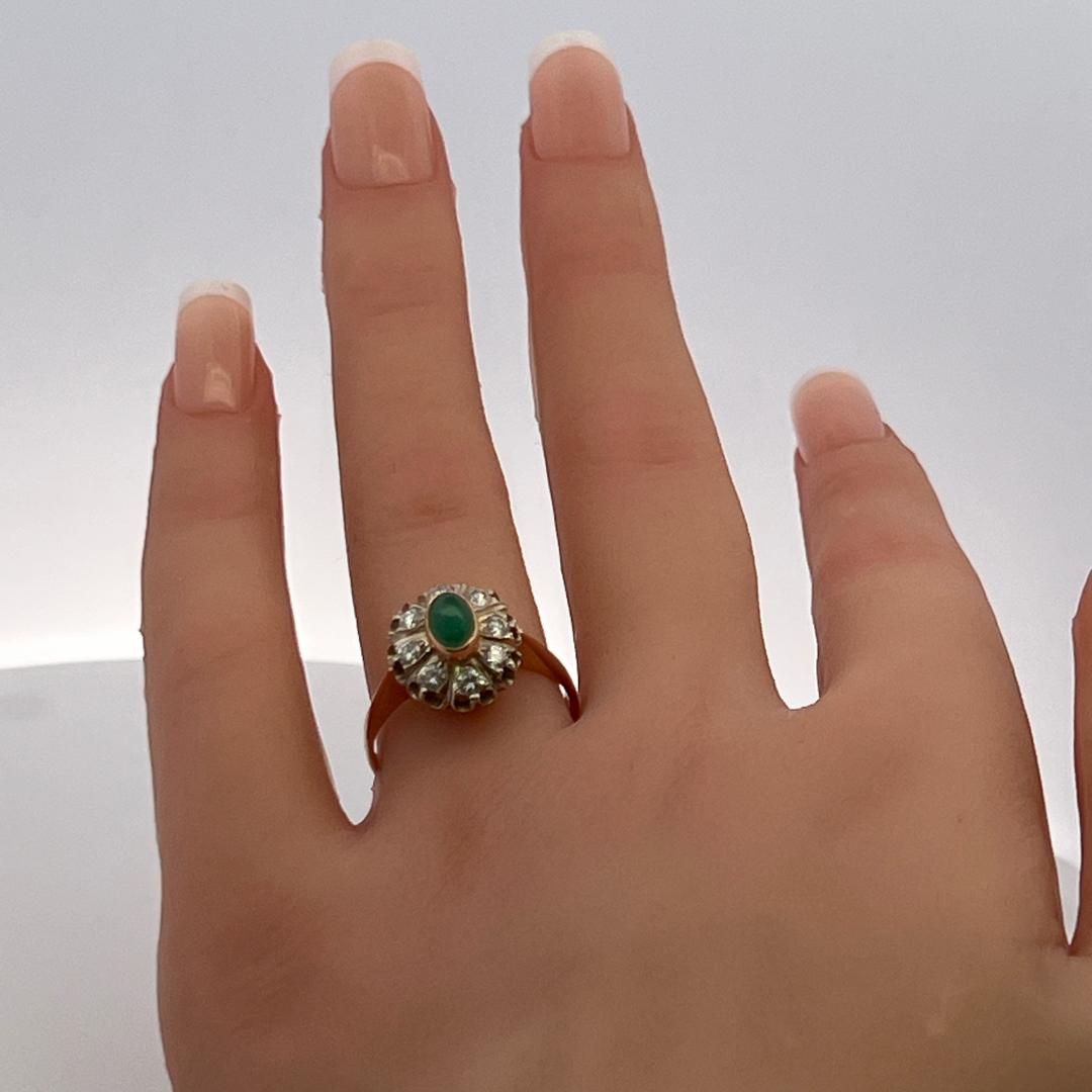 0.40 Carat Old European Diamond 0.35 Carat Emerald 14K Rose Gold Edwardian Ring