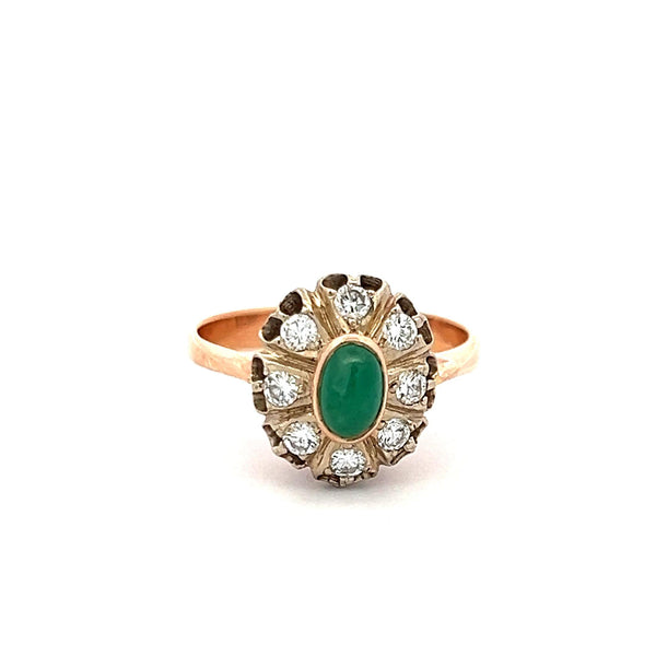 0.40 Carat Old European Diamond 0.35 Carat Emerald 14K Rose Gold Edwardian Ring