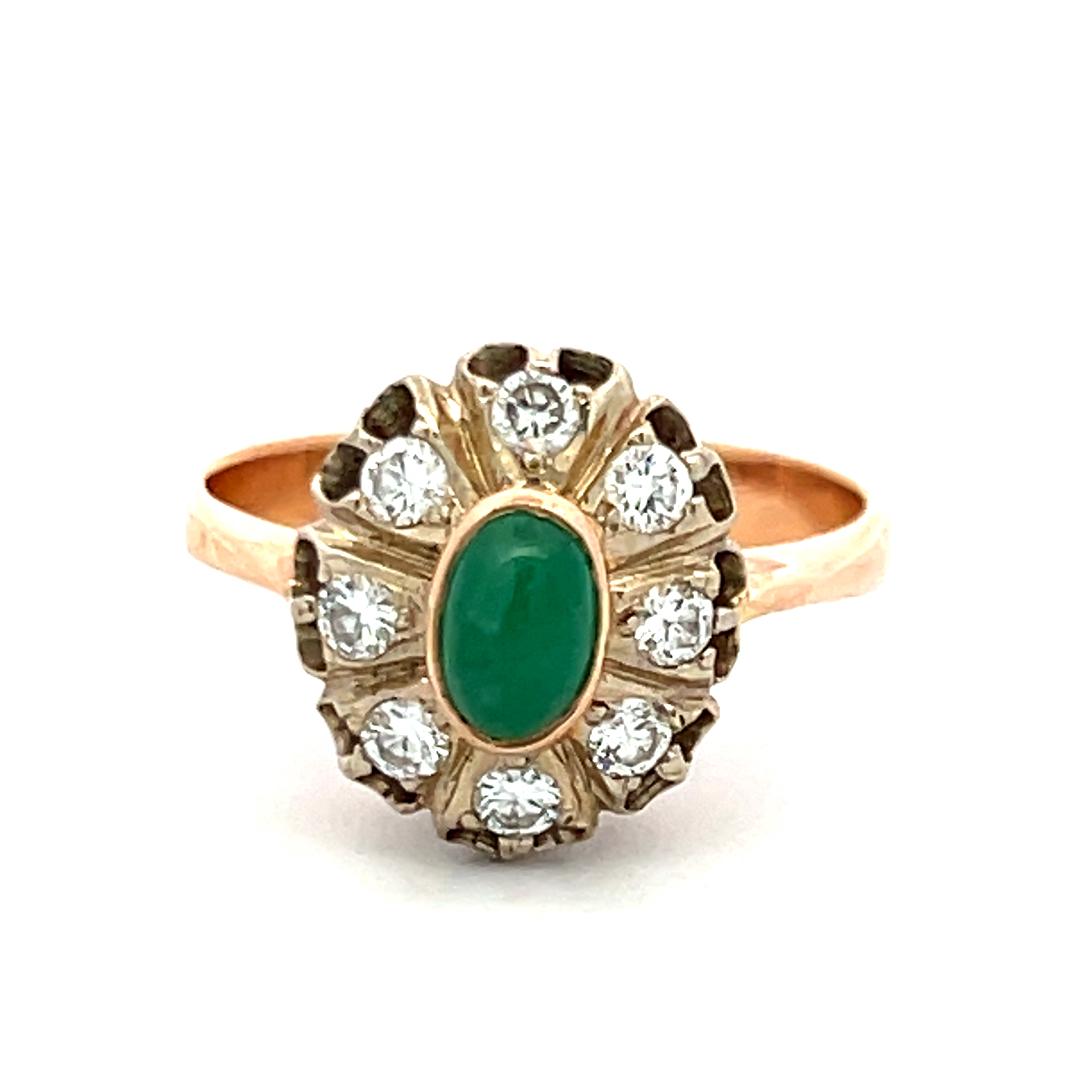 0.40 Carat Old European Diamond 0.35 Carat Emerald 14K Rose Gold Edwardian Ring