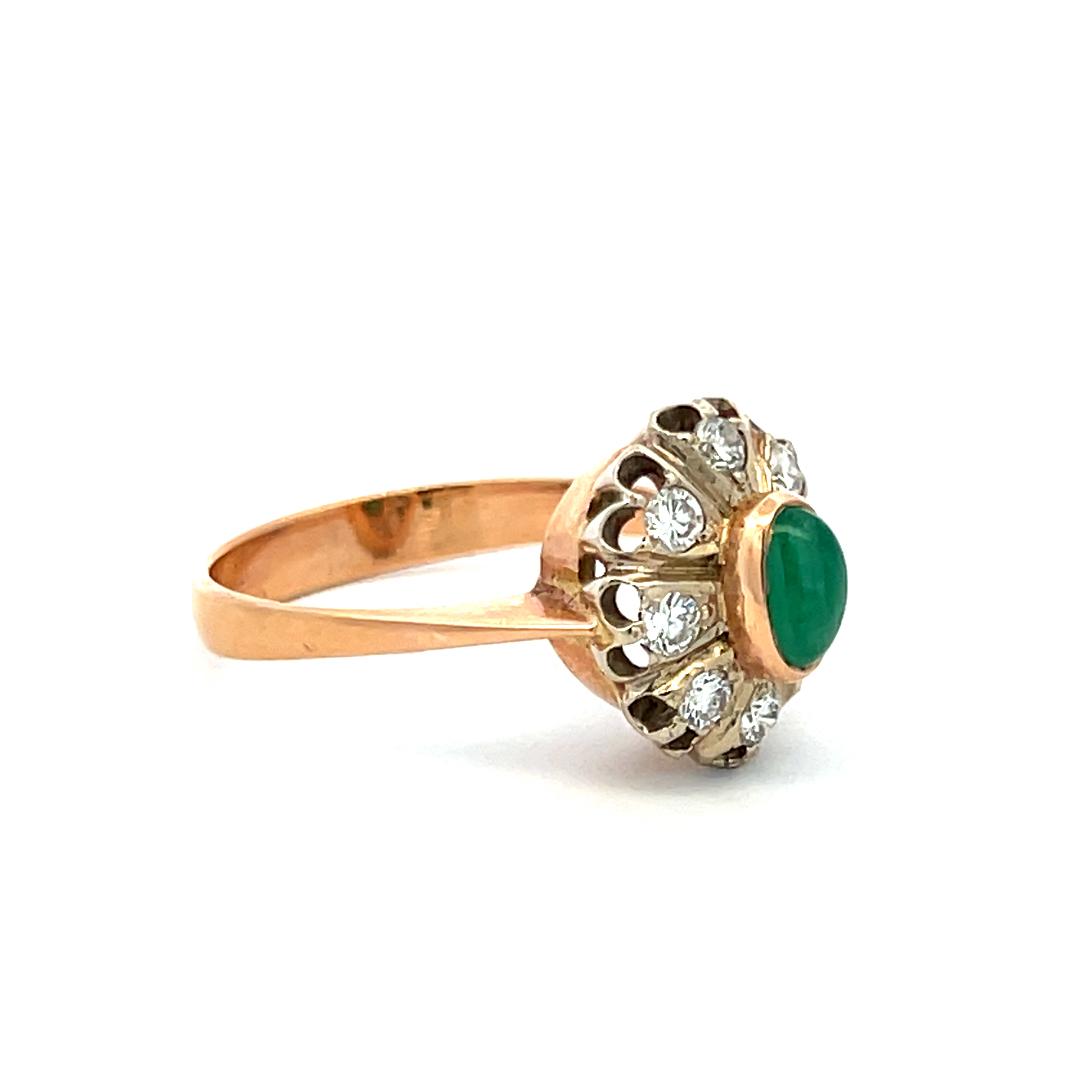 0.40 Carat Old European Diamond 0.35 Carat Emerald 14K Rose Gold Edwardian Ring