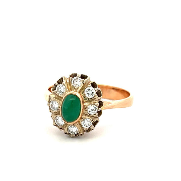 0.40 Carat Old European Diamond 0.35 Carat Emerald 14K Rose Gold Edwardian Ring
