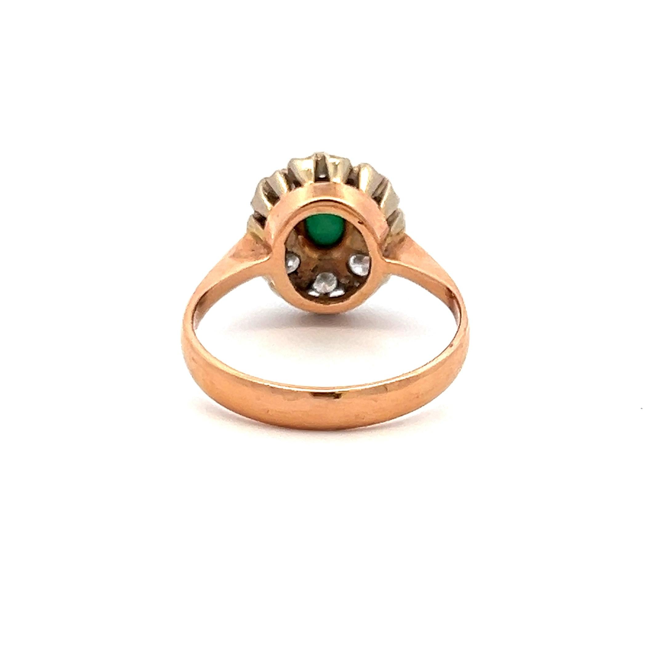0.40 Carat Old European Diamond 0.35 Carat Emerald 14K Rose Gold Edwardian Ring