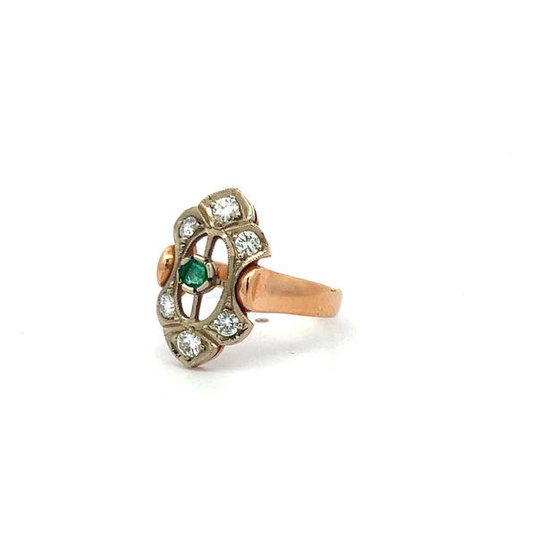 0.22 Carat Old European Diamond 0.10 Carat Emerald 14K Rose Gold Art-Deco Ring