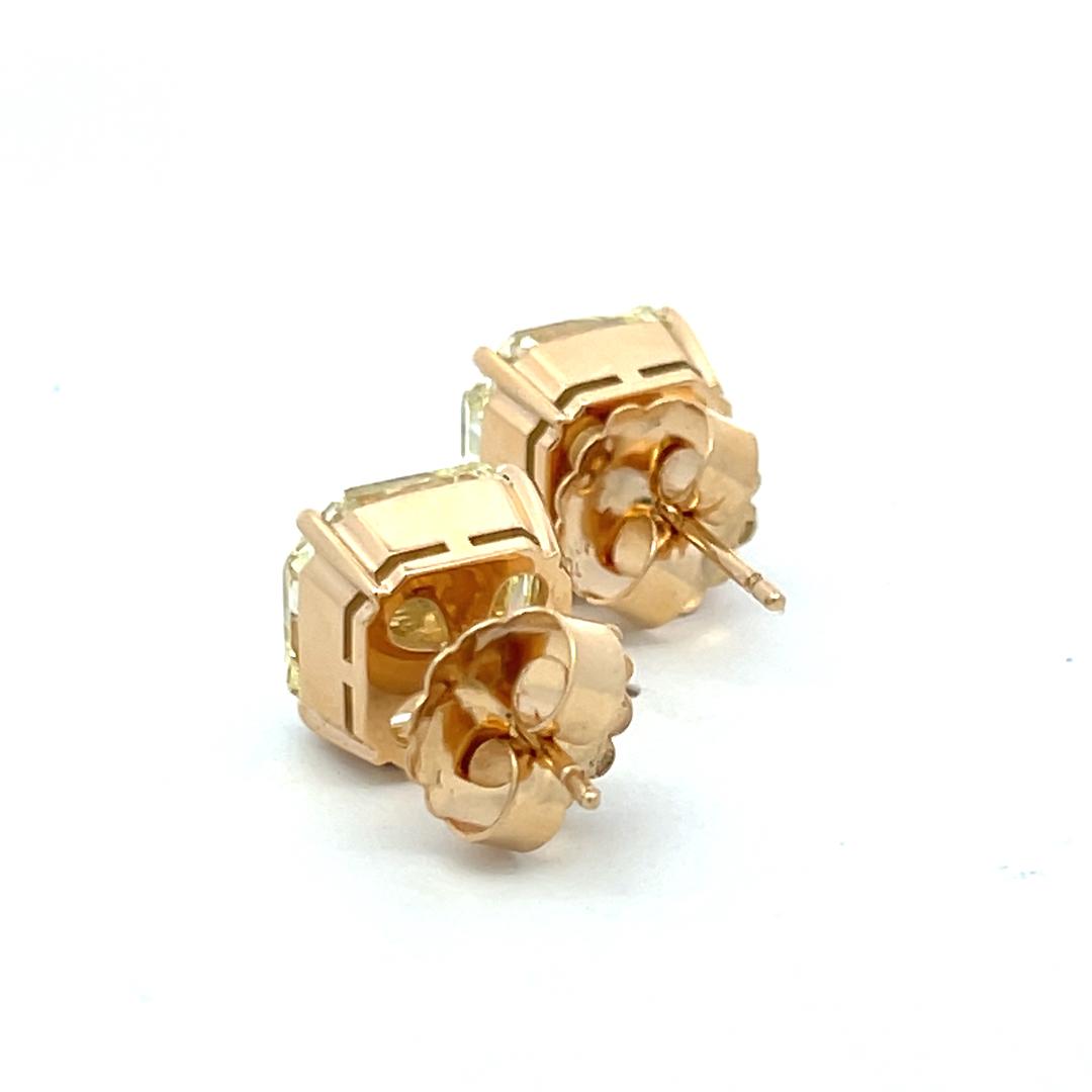 12.35 Carat Radiant Cut Fancy Yellow Diamond 18 Karat Yellow Gold Stud Earrings