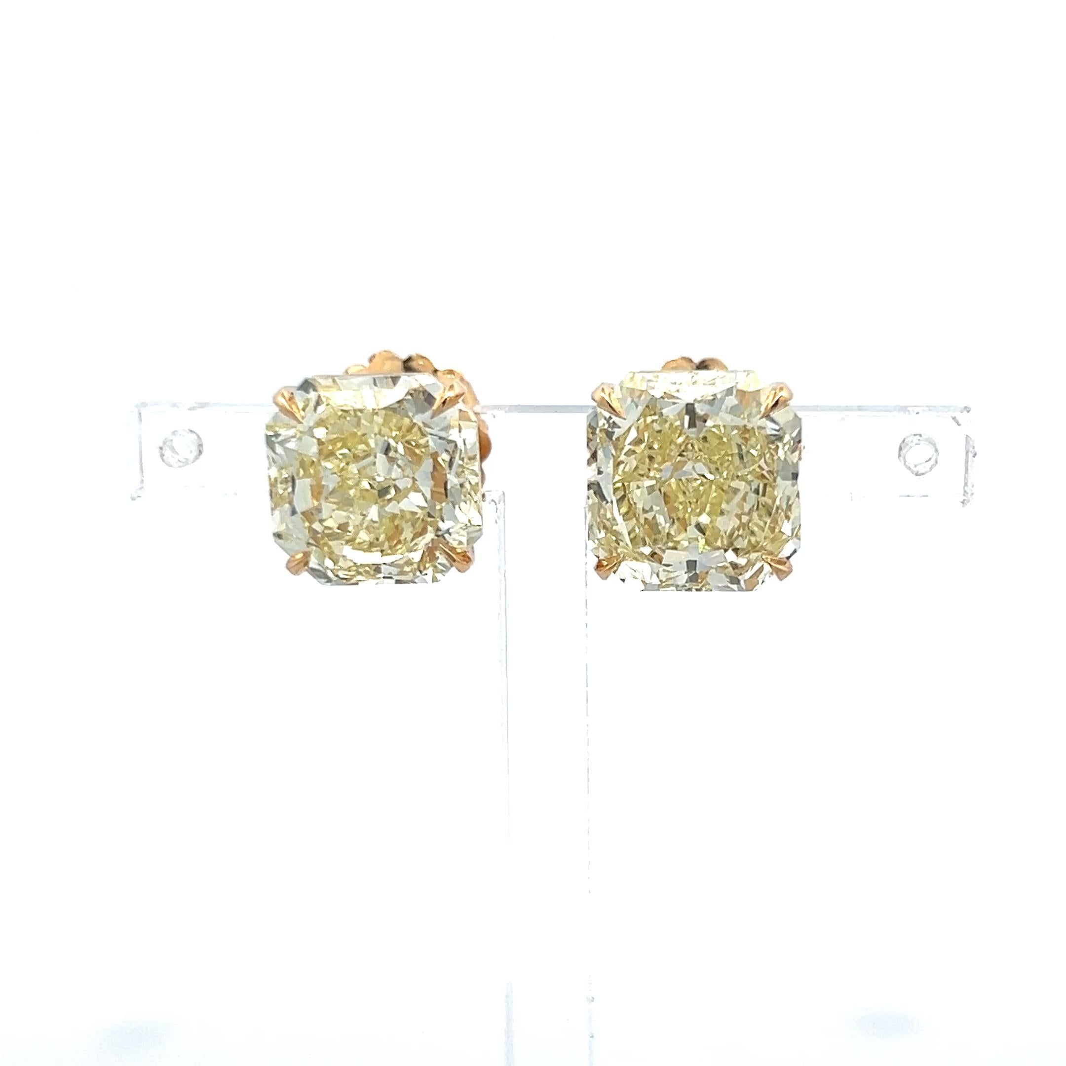 12.35 Carat Radiant Cut Fancy Yellow Diamond 18 Karat Yellow Gold Stud Earrings