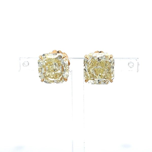 12.35 Carat Radiant Cut Fancy Yellow Diamond 18 Karat Yellow Gold Stud Earrings