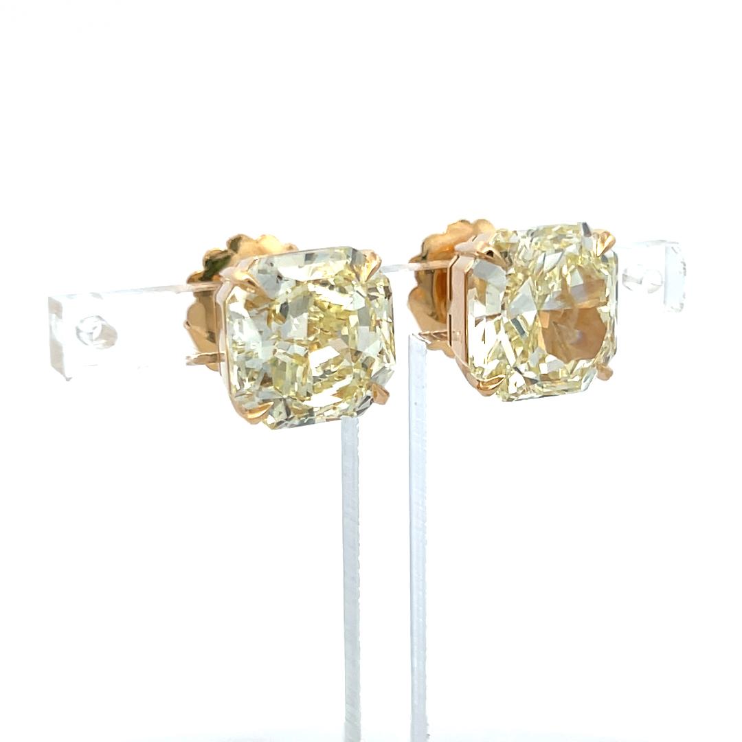 12.35 Carat Radiant Cut Fancy Yellow Diamond 18 Karat Yellow Gold Stud Earrings