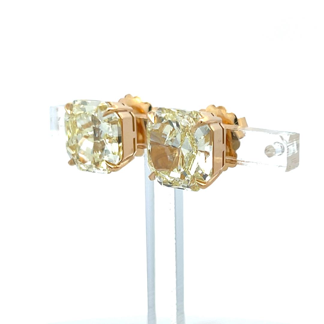12.35 Carat Radiant Cut Fancy Yellow Diamond 18 Karat Yellow Gold Stud Earrings