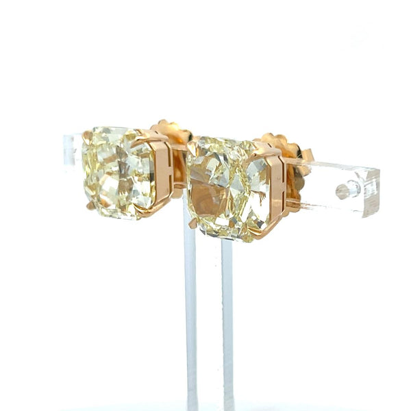 12.35 Carat Radiant Cut Fancy Yellow Diamond 18 Karat Yellow Gold Stud Earrings