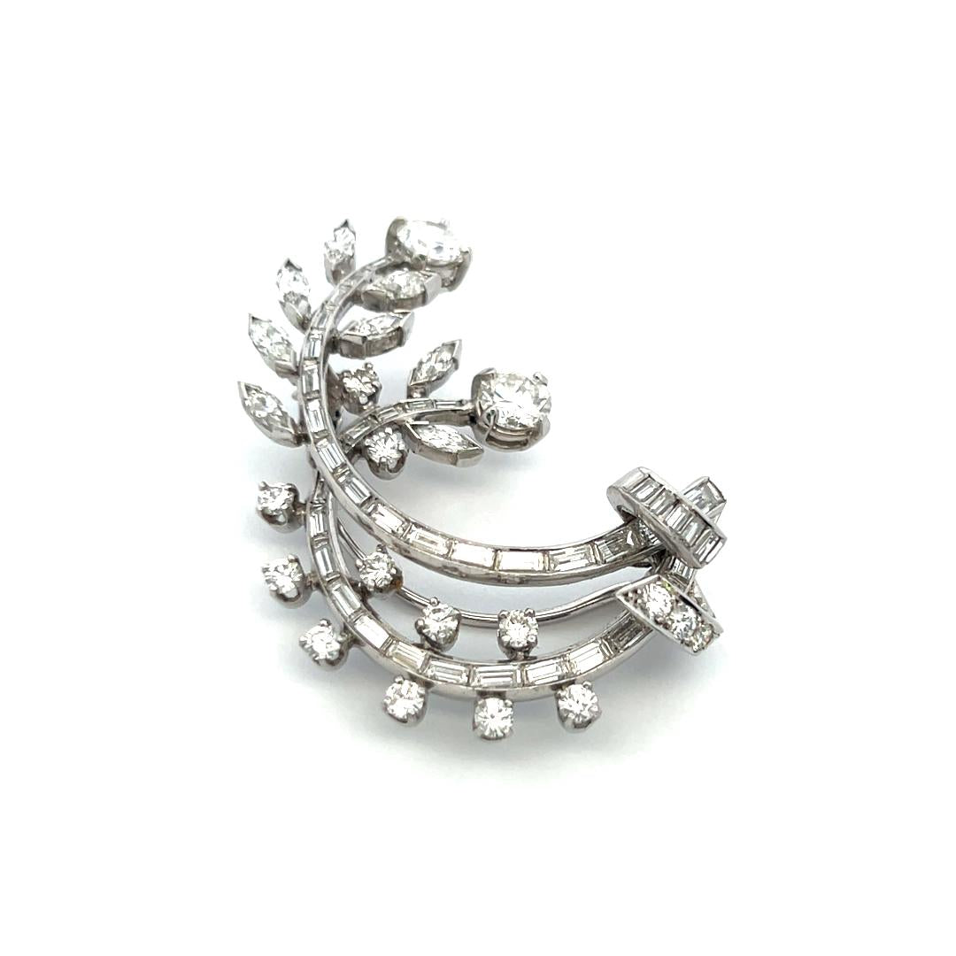 4.70 Carat Tapered Baguette Round and Marquis Diamond Platinum Plat Pin Brooch