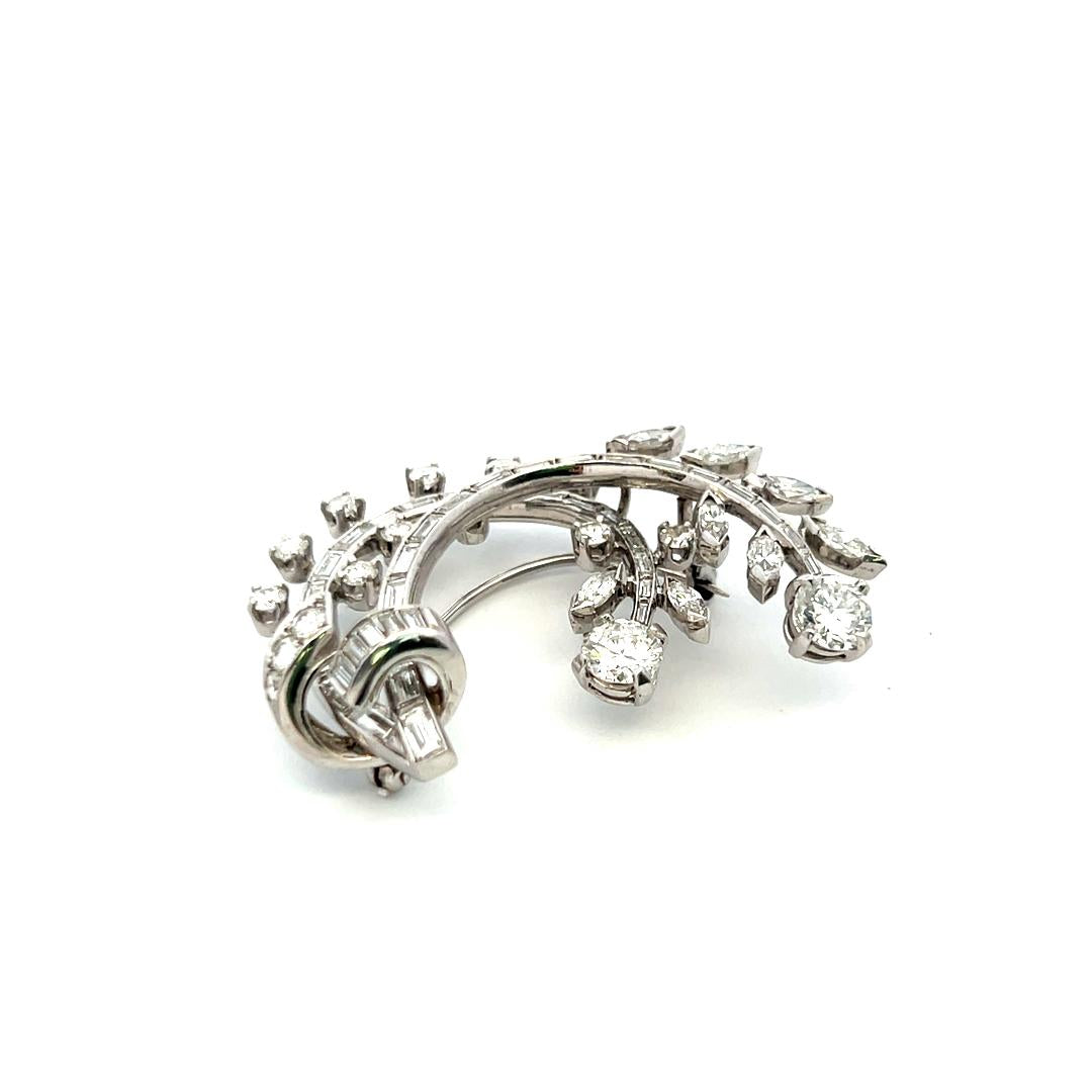 4.70 Carat Tapered Baguette Round and Marquis Diamond Platinum Plat Pin Brooch