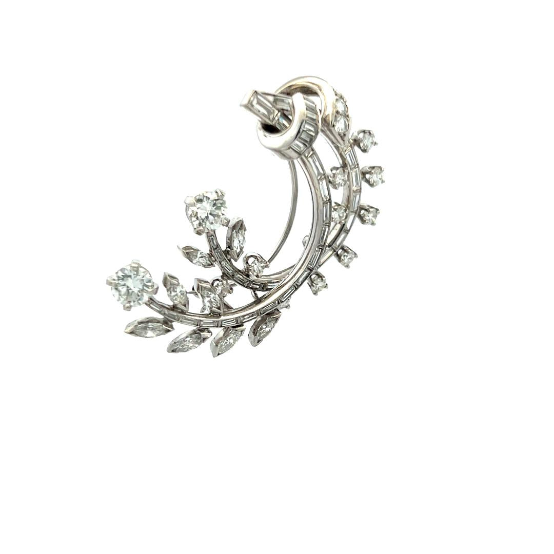 4.70 Carat Tapered Baguette Round and Marquis Diamond Platinum Plat Pin Brooch