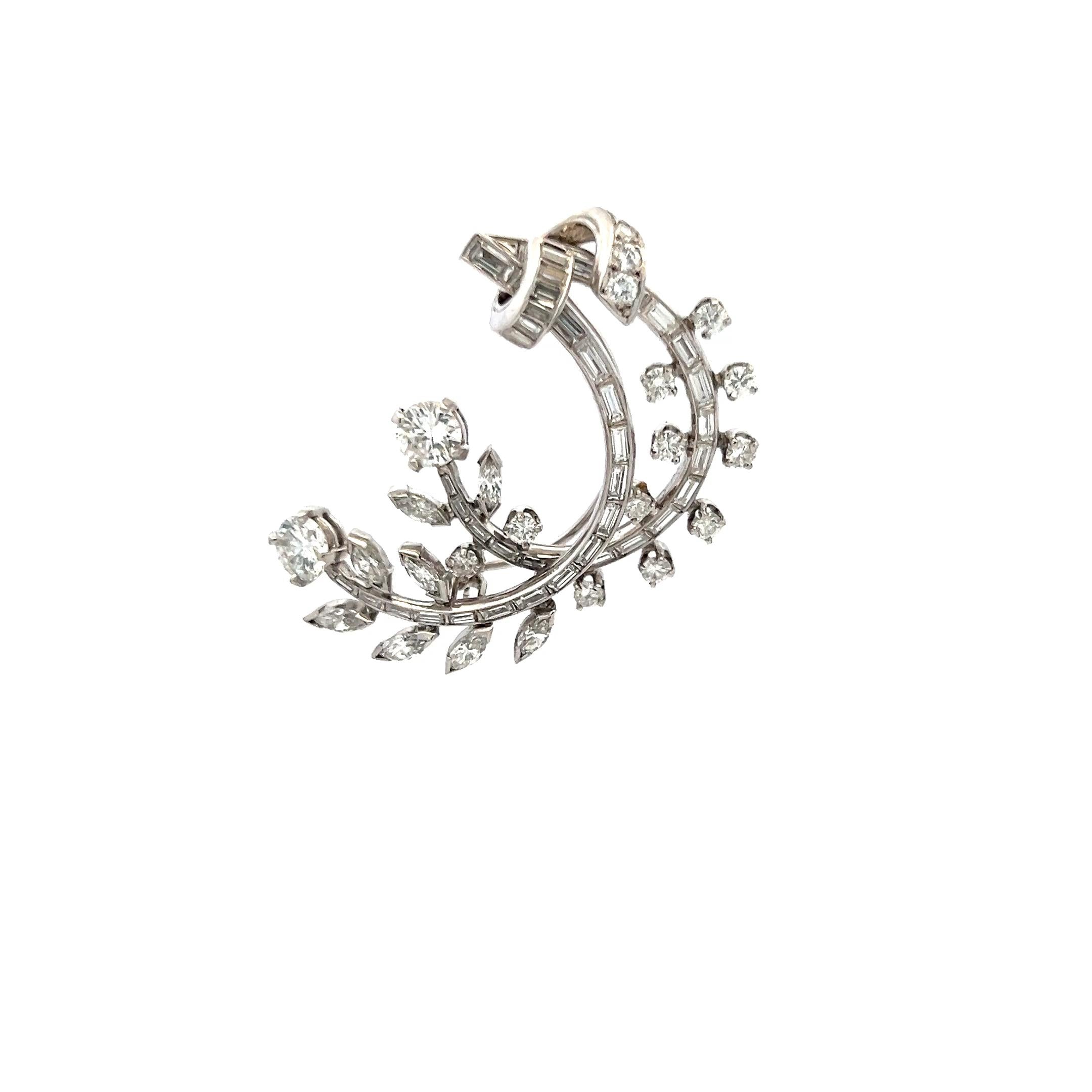 4.70 Carat Tapered Baguette Round and Marquis Diamond Platinum Plat Pin Brooch