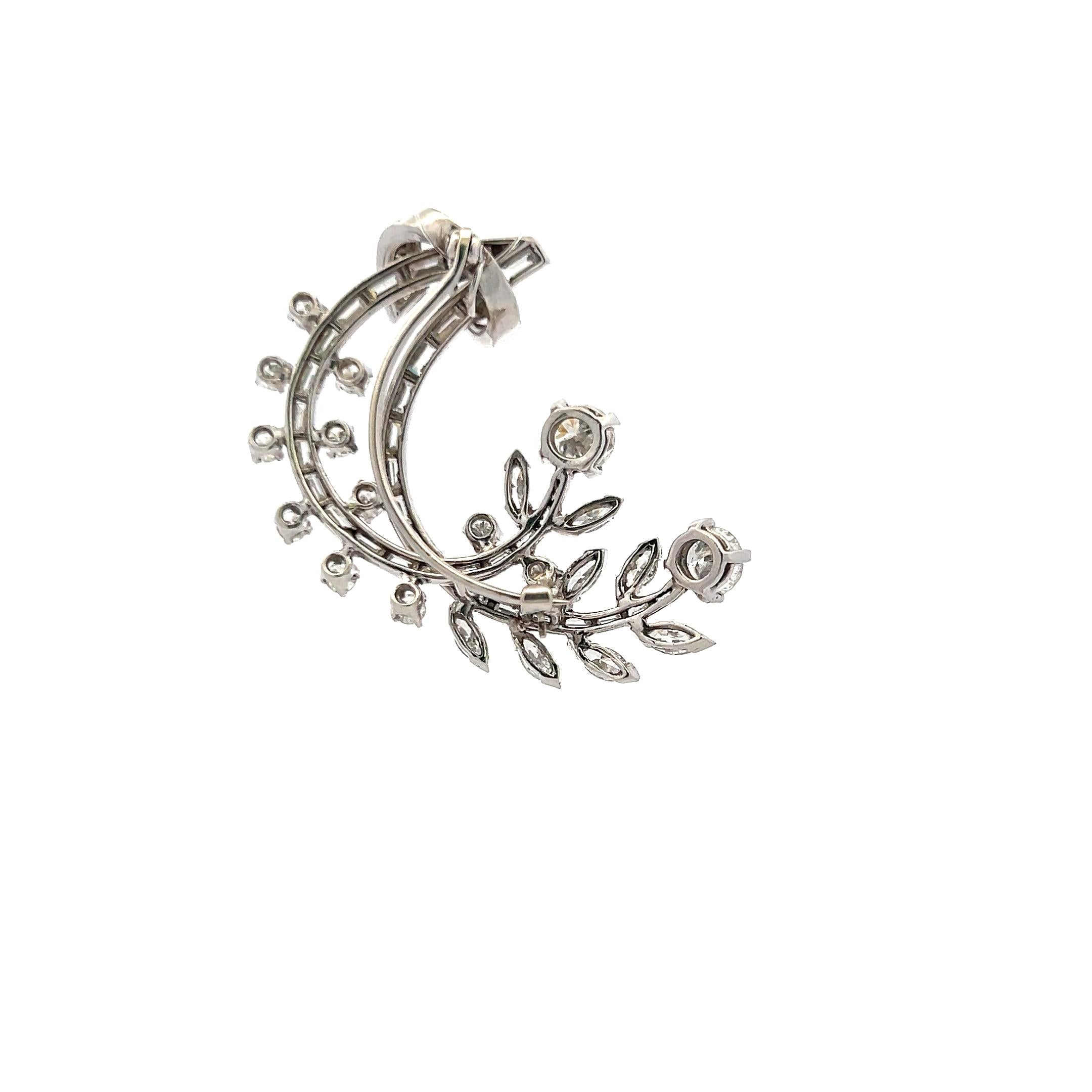 4.70 Carat Tapered Baguette Round and Marquis Diamond Platinum Plat Pin Brooch