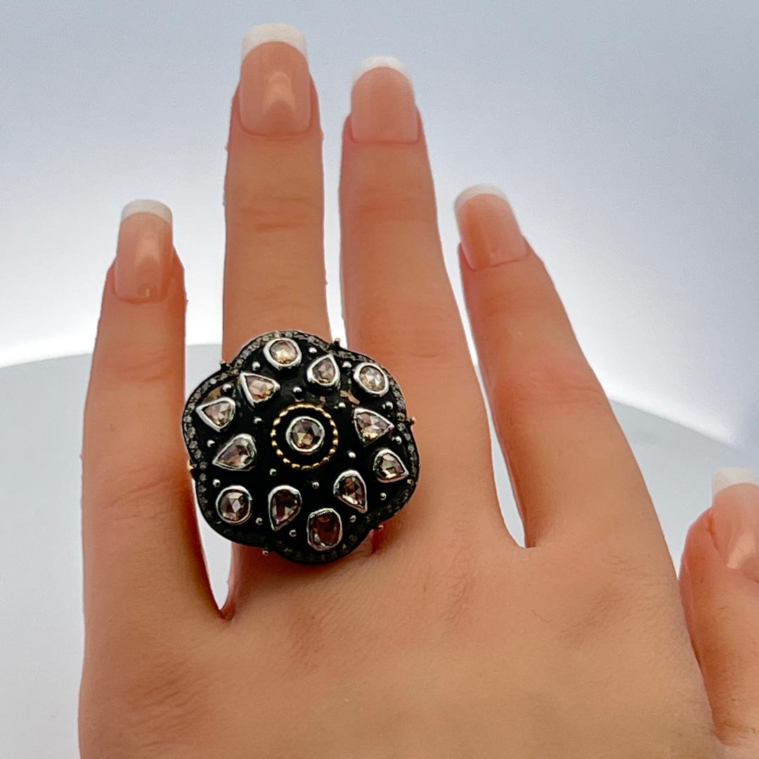 2.00 Carat Rose Cut J SI Diamond 18 Karat Two Tone Gold/Silver Cocktail Ring