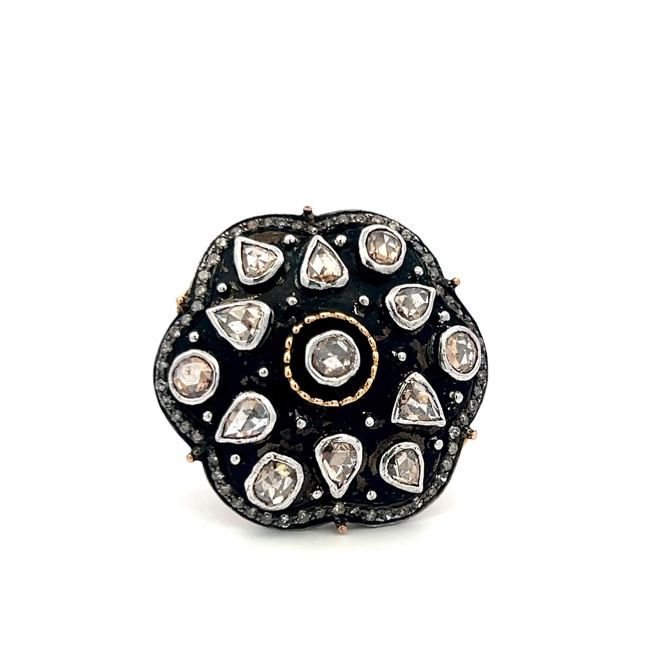 2.00 Carat Rose Cut J SI Diamond 18 Karat Two Tone Gold/Silver Cocktail Ring