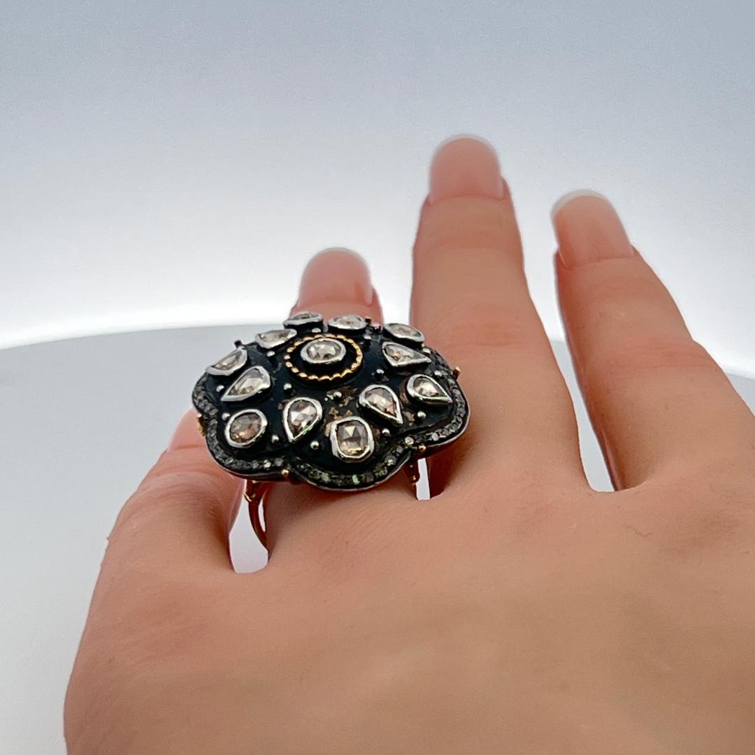 2.00 Carat Rose Cut J SI Diamond 18 Karat Two Tone Gold/Silver Cocktail Ring