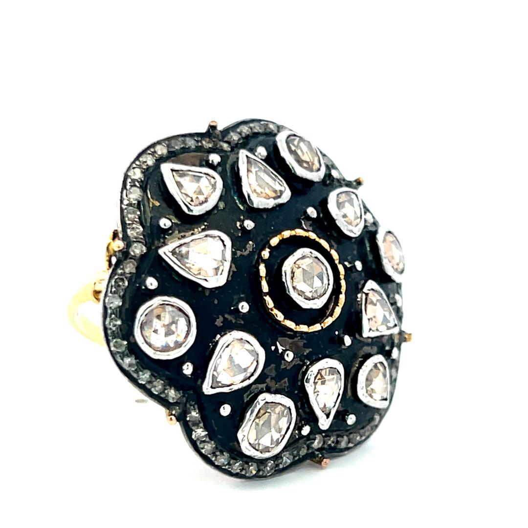 2.00 Carat Rose Cut J SI Diamond 18 Karat Two Tone Gold/Silver Cocktail Ring