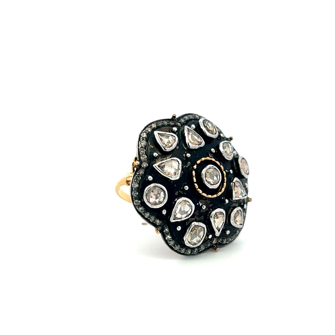 2.00 Carat Rose Cut J SI Diamond 18 Karat Two Tone Gold/Silver Cocktail Ring