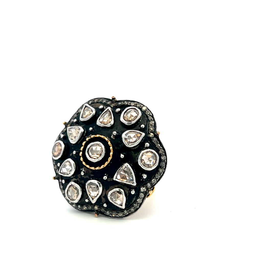 2.00 Carat Rose Cut J SI Diamond 18 Karat Two Tone Gold/Silver Cocktail Ring