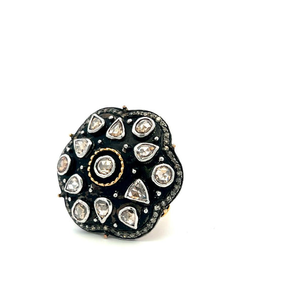 2.00 Carat Rose Cut J SI Diamond 18 Karat Two Tone Gold/Silver Cocktail Ring