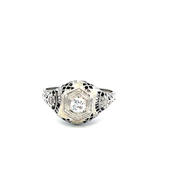 0.20 Carat Circular Brilliant Cut F VS Diamond 18 Karat White Gold Art Deco Ring