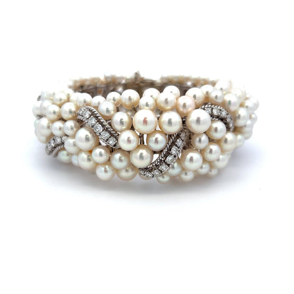 David Webb 5.00 Carat Round Brilliant Diamond 4.1-6.1MM Pearl 14K WG Bracelet