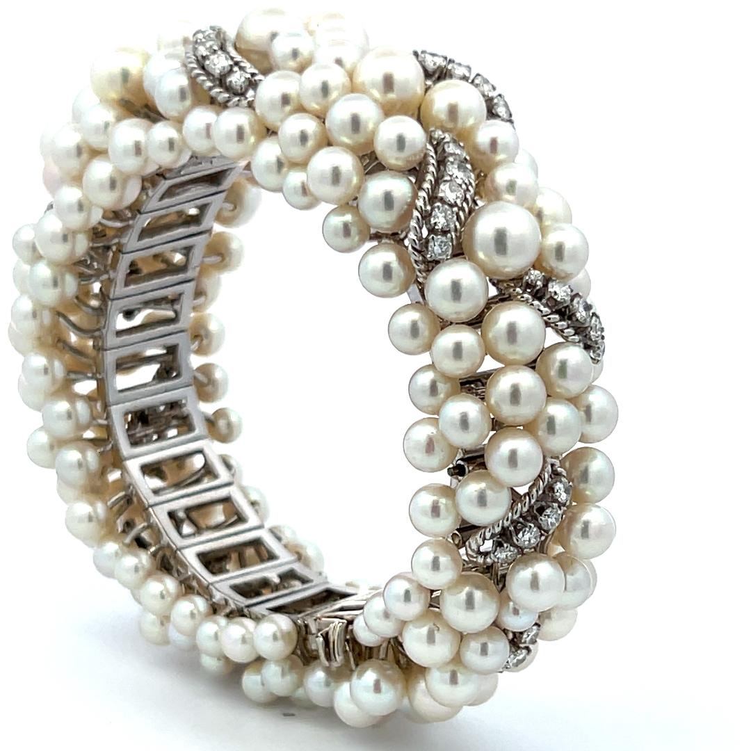 David Webb Platinum Link Bracelet with 5ct Round G VS1 Diamonds 4.1-6.1mm Pearls