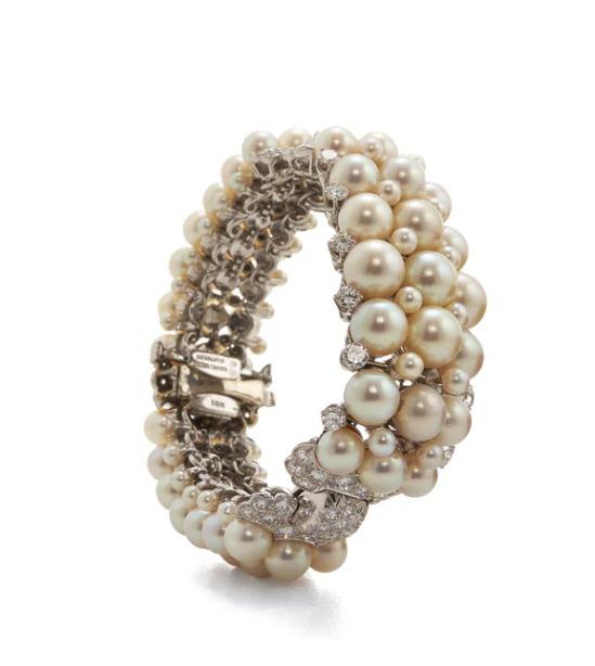 David Webb Platinum Link Bracelet with 5ct Round G VS1 Diamonds 4.1-6.1mm Pearls