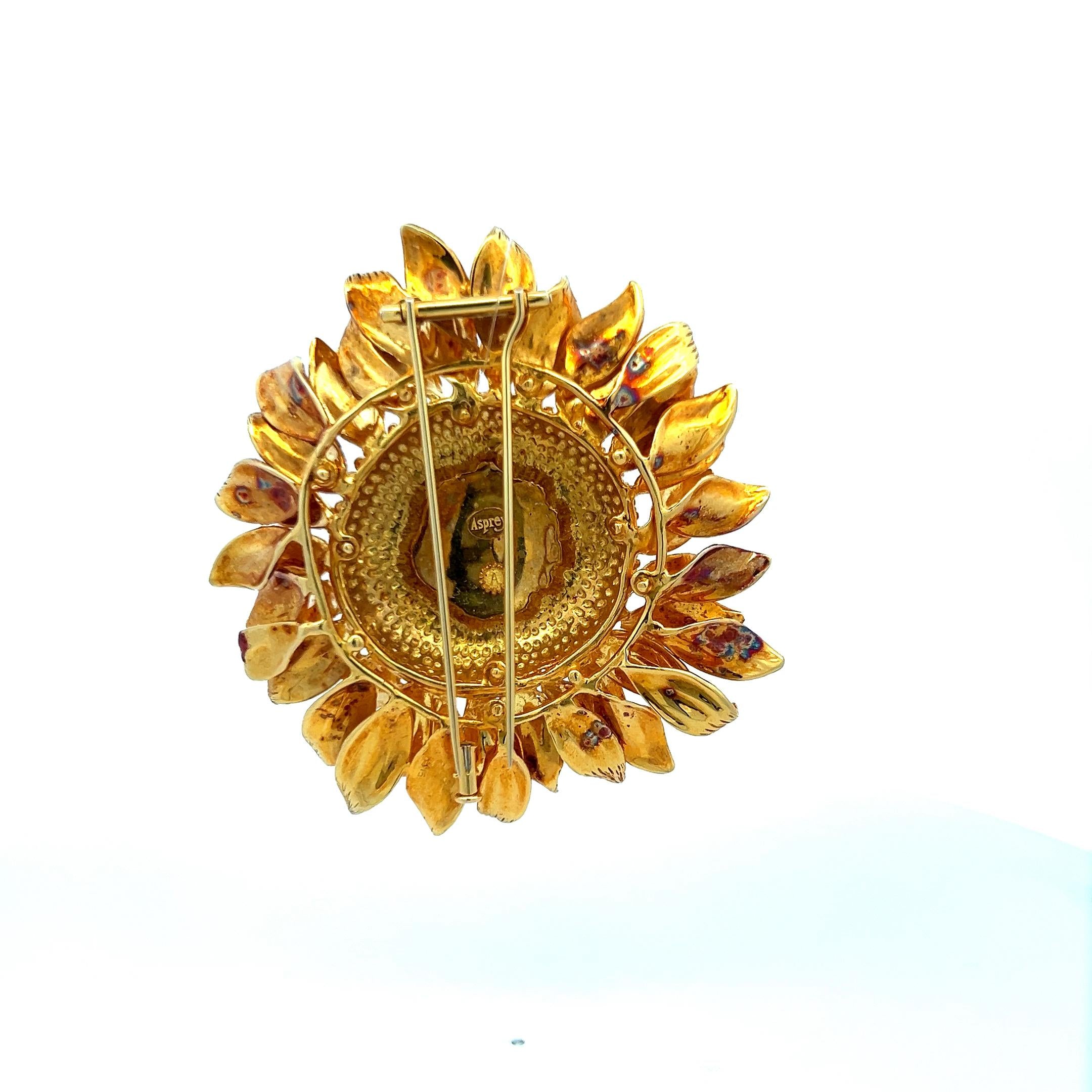 Asprey Vintage 66.20 Grams 18 Karat Yellow Gold Sunflower Pin Brooch