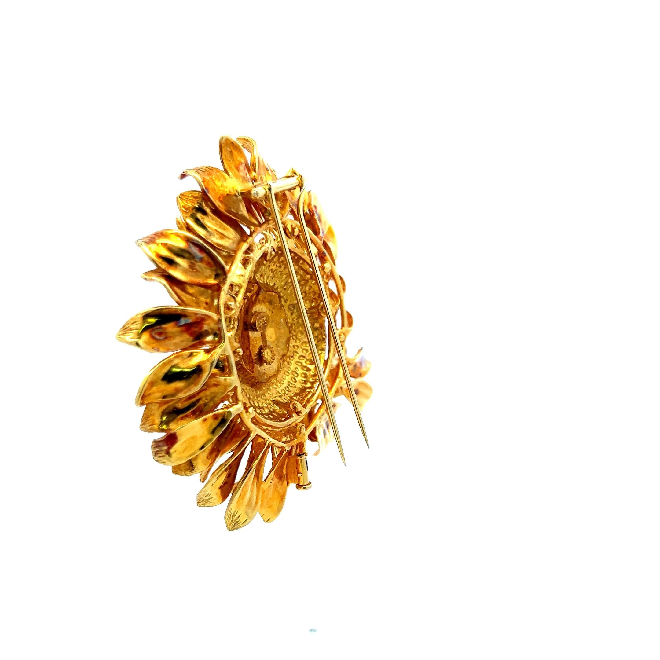 Asprey Vintage 66.20 Grams 18 Karat Yellow Gold Sunflower Pin Brooch
