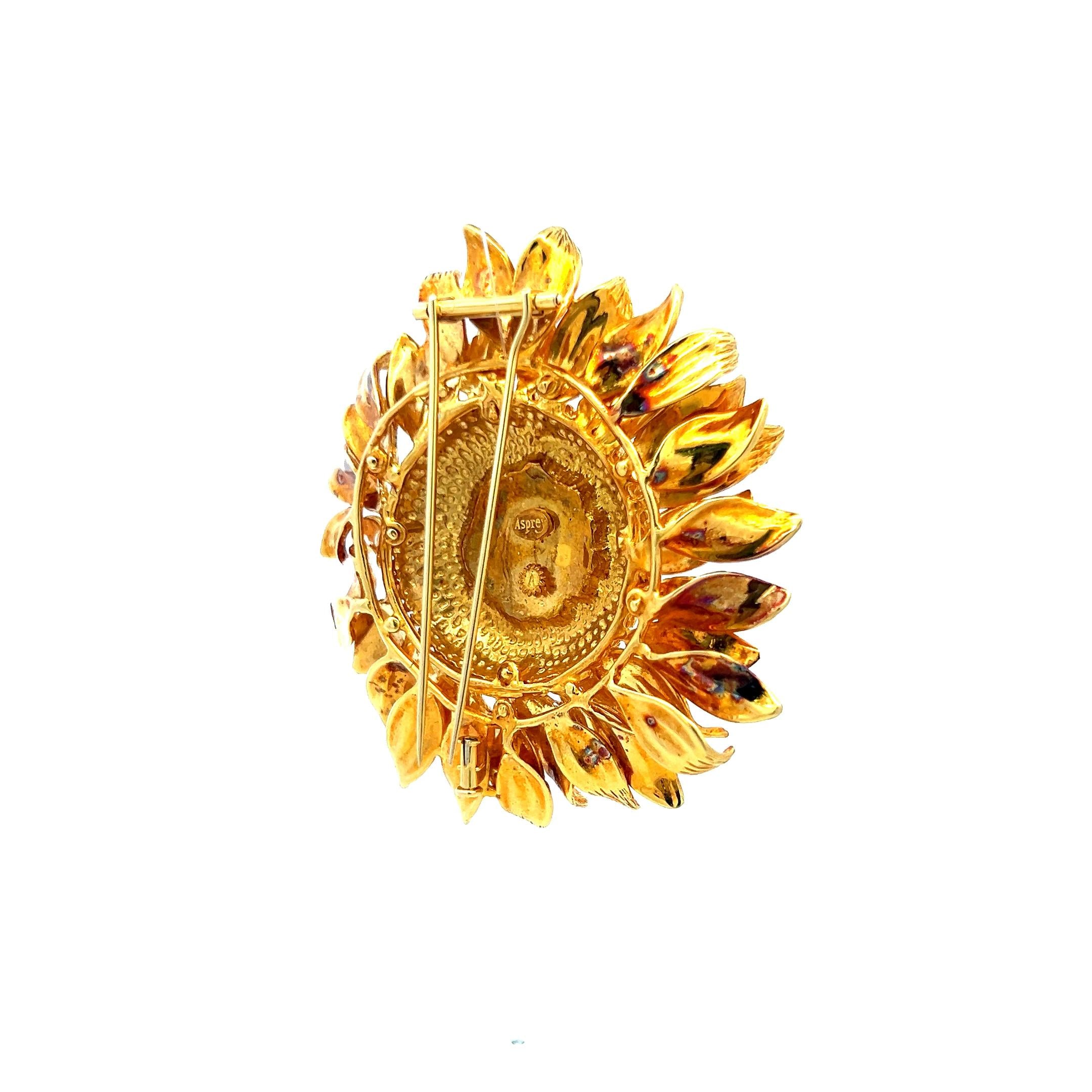 Asprey Vintage 66.20 Grams 18 Karat Yellow Gold Sunflower Pin Brooch