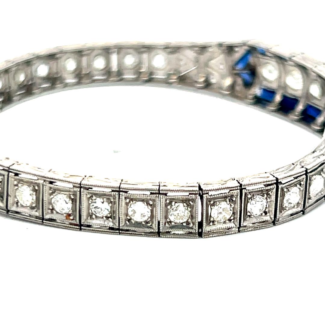 2.00 Carat Old European Diamond 1.20 Carat Sapphire Platinum Art-Deco Bracelet