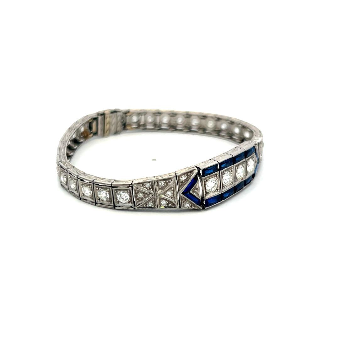 2.00 Carat Old European Diamond 1.20 Carat Sapphire Platinum Art-Deco Bracelet
