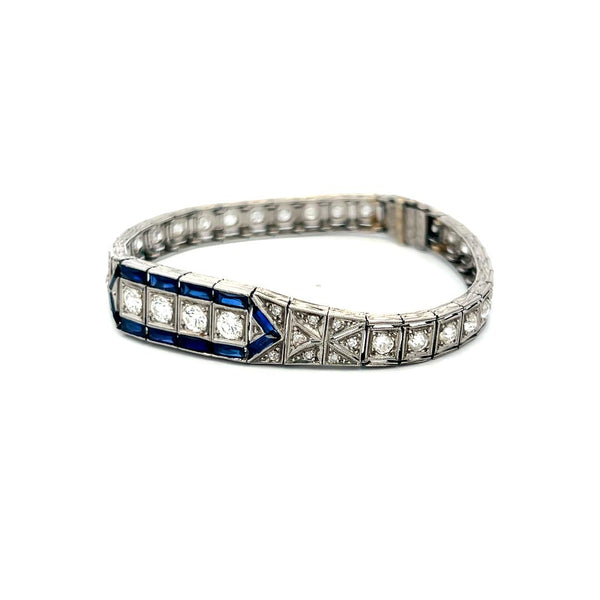 2.00 Carat Old European Diamond 1.20 Carat Sapphire Platinum Art-Deco Bracelet
