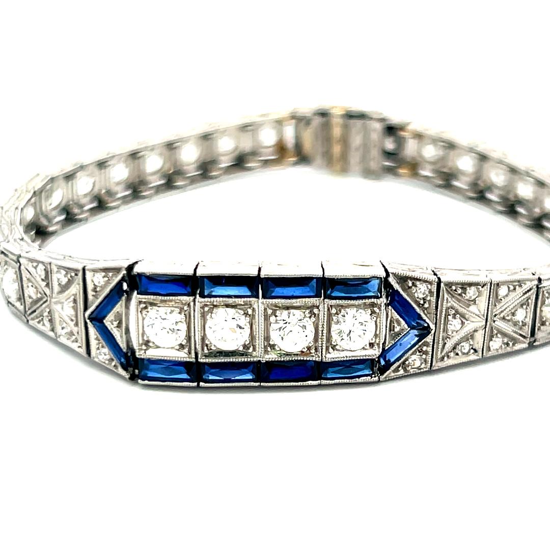 2.00 Carat Old European Diamond 1.20 Carat Sapphire Platinum Art-Deco Bracelet