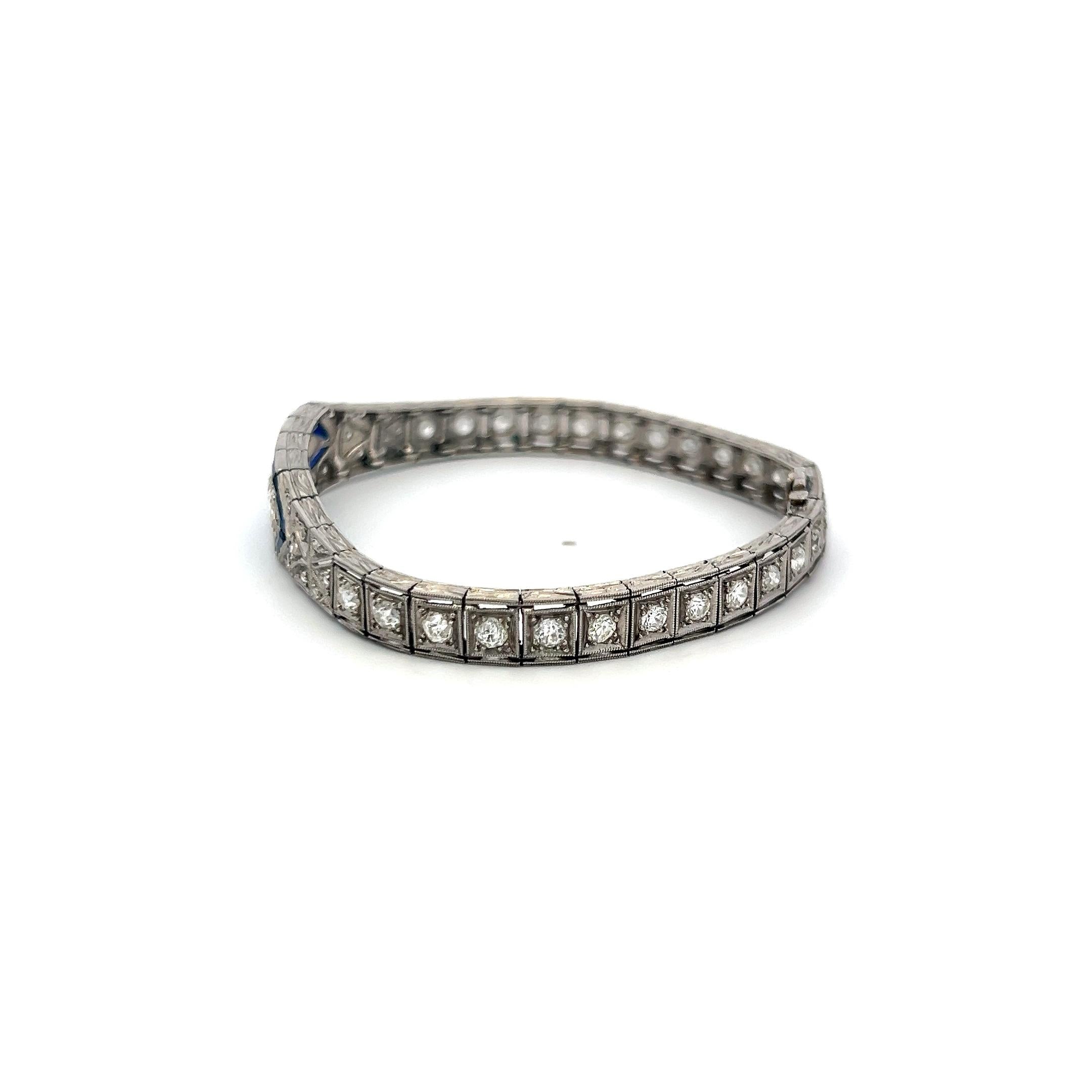 2.00 Carat Old European Diamond 1.20 Carat Sapphire Platinum Art-Deco Bracelet