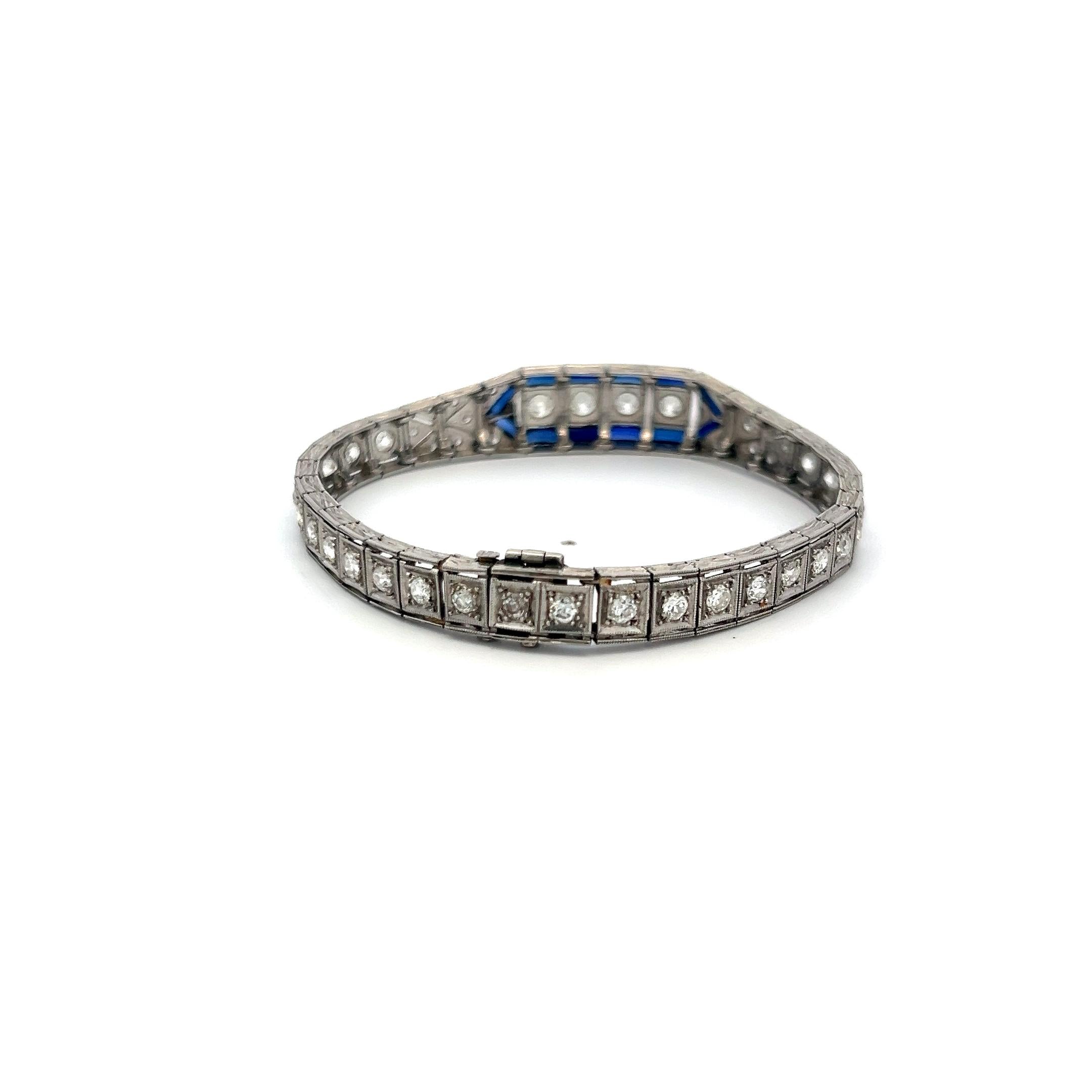 2.00 Carat Old European Diamond 1.20 Carat Sapphire Platinum Art-Deco Bracelet