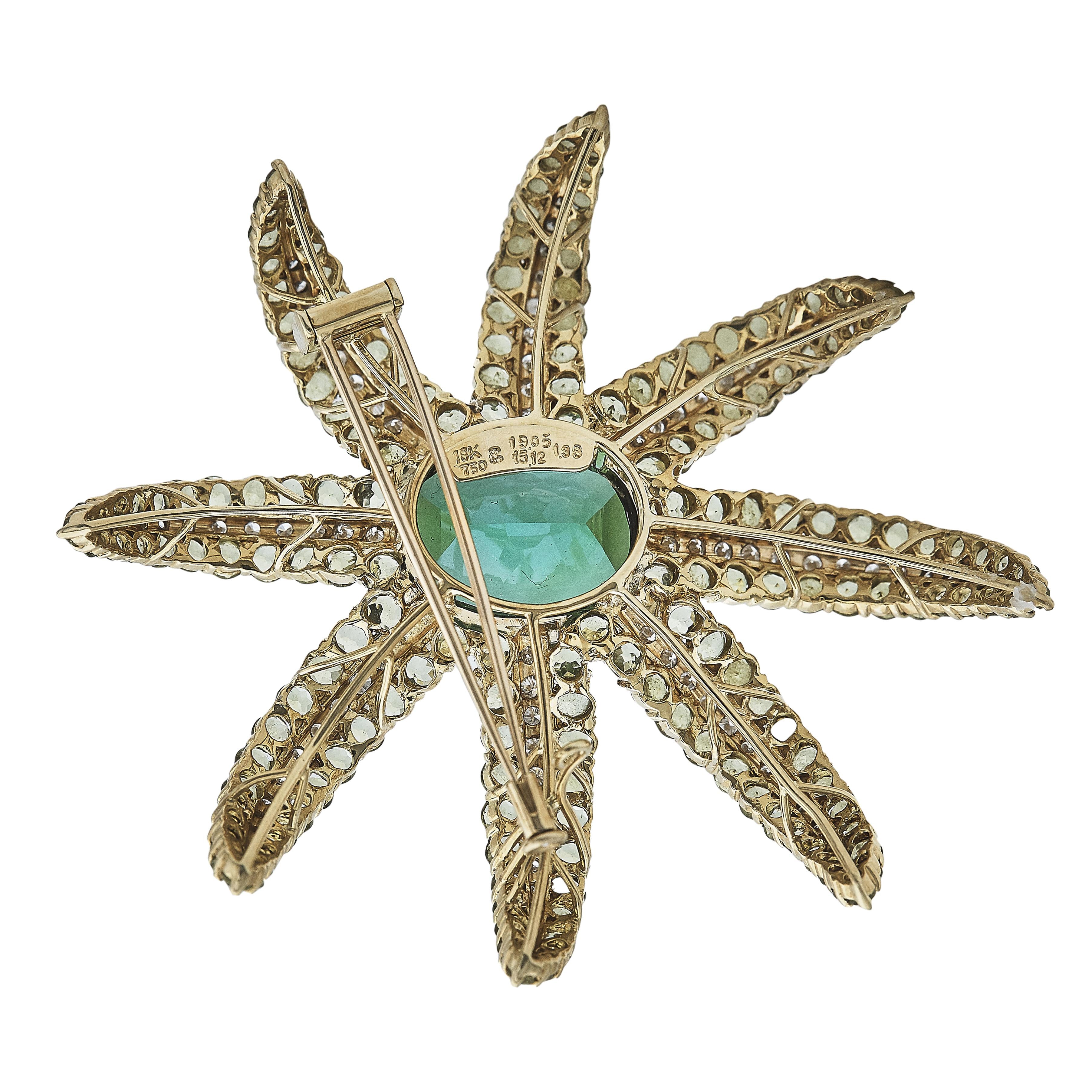 19.05 Carat Tourmaline 16.12 Carat Peridot 1.38 Carat Diamond 18K YG Pin Brooch